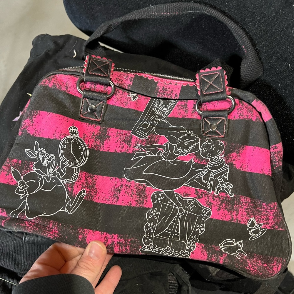 One small shoulder bag and one mini backpack! Cheshire Cat Alice, White Rabbit